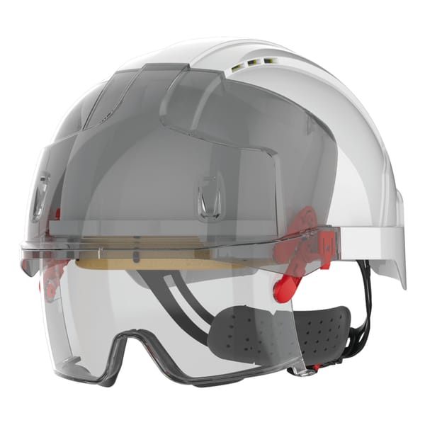 Casco de seguridad micro-visera, ventilado, con sobregafas antivaho y anti-rayado KN integradas