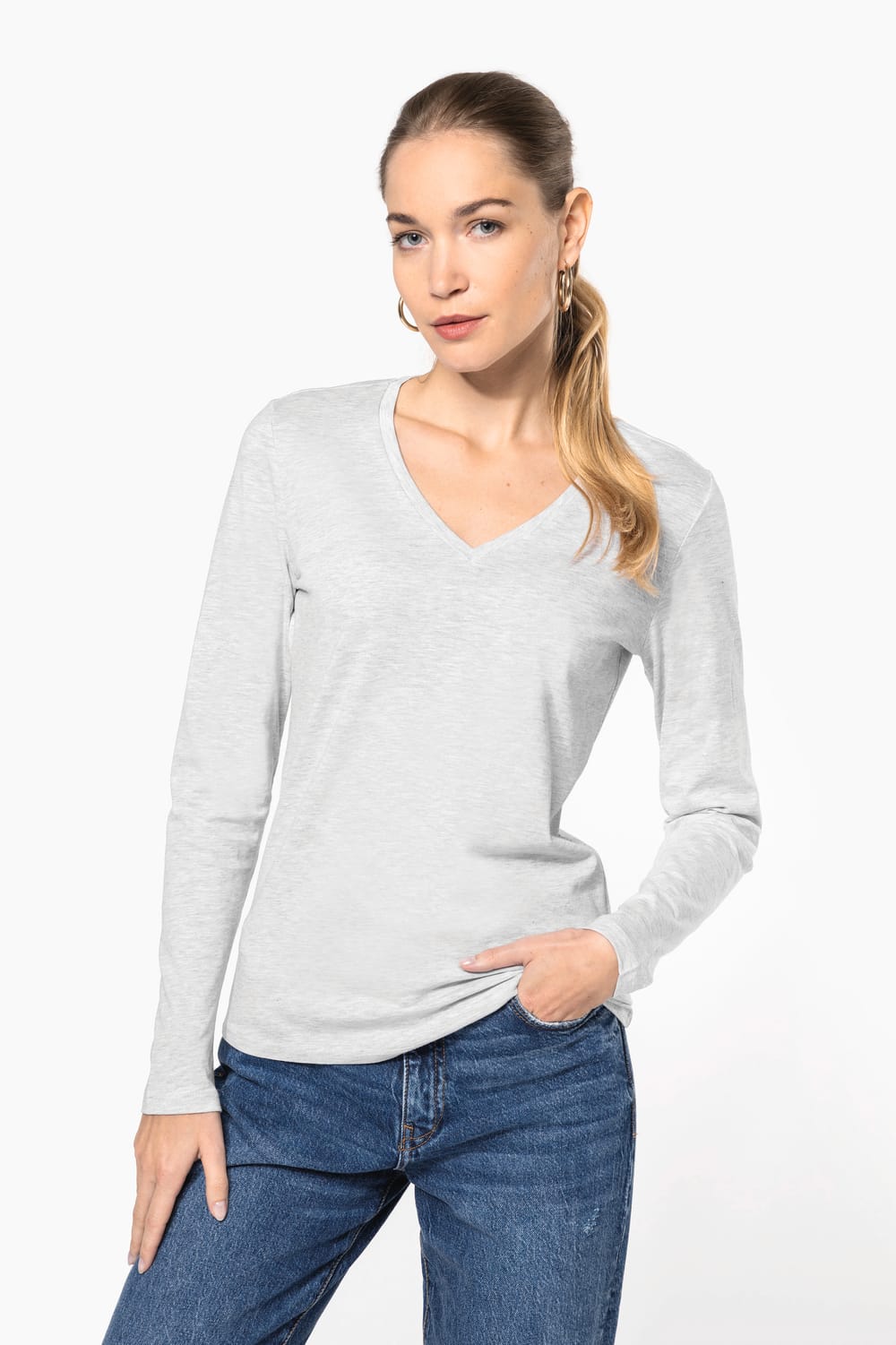 Camiseta manga larga y cuello de pico mujer