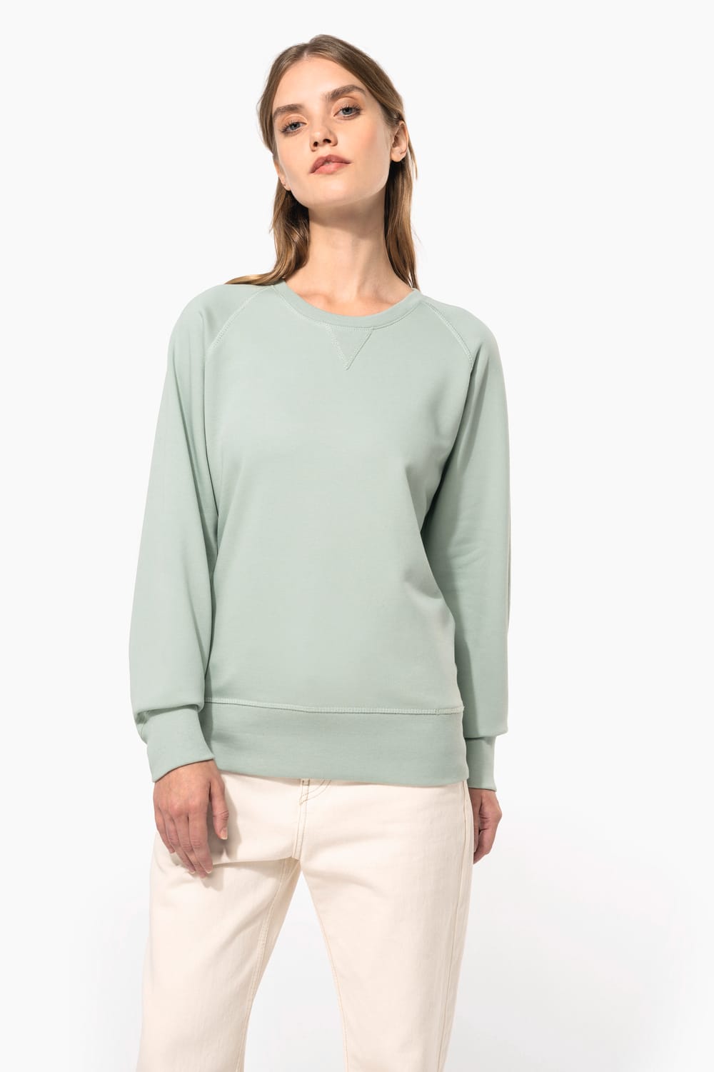 Sudadera algodón orgánico con cuello redondo y mangas raglan de mujer