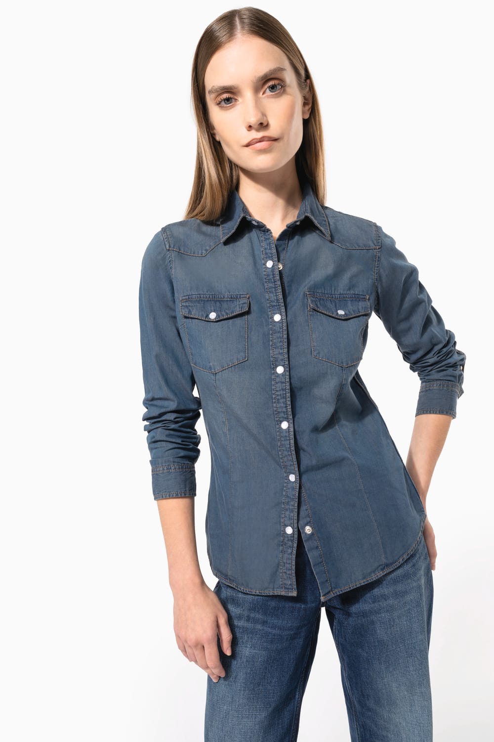 Camisa denim manga larga mujer