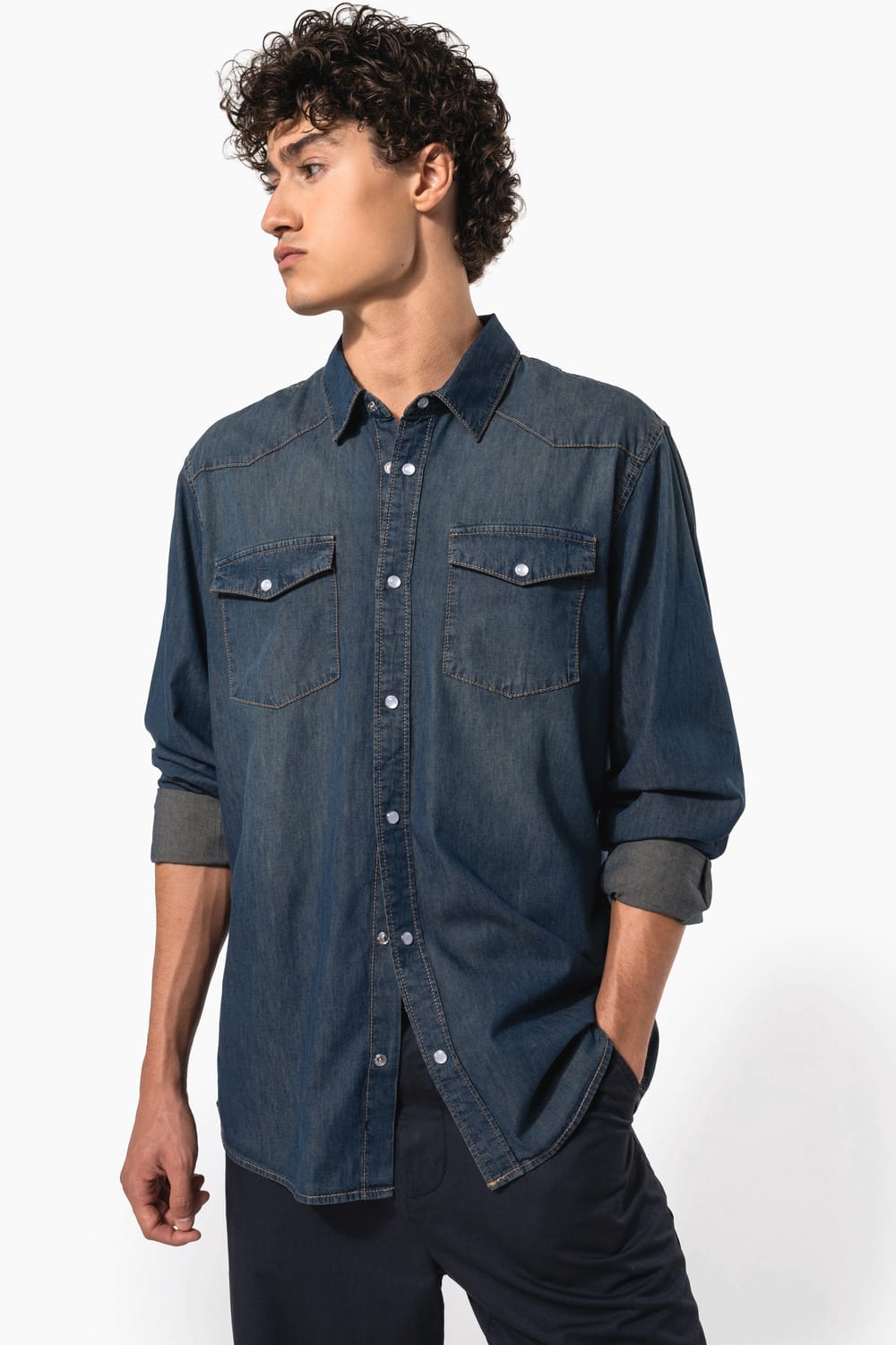 Camisa denim manga larga hombre