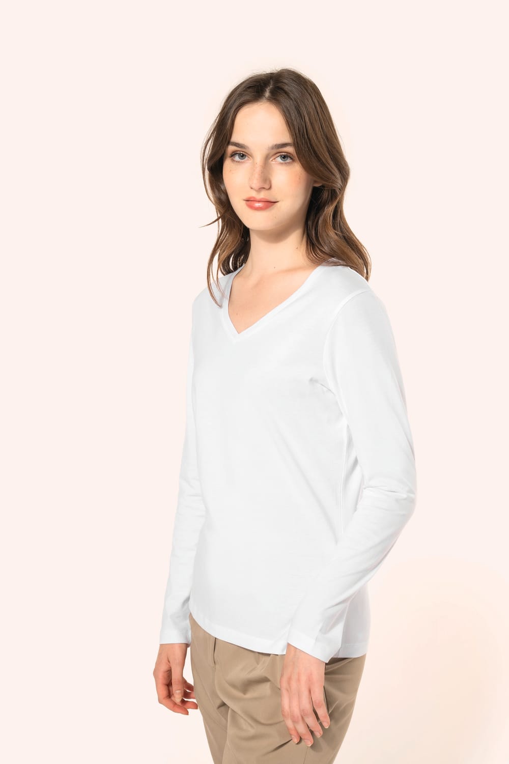 Camiseta cuello de pico manga larga mujer