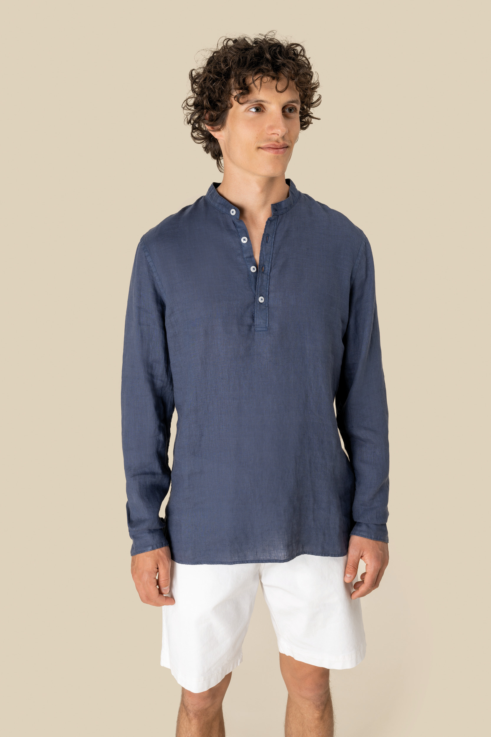 Camisa cuello mao efecto lavado de lino hombre