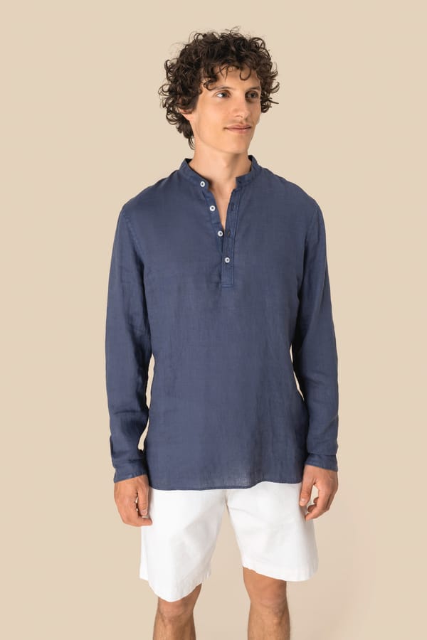 Camisa cuello mao efecto lavado de lino hombre