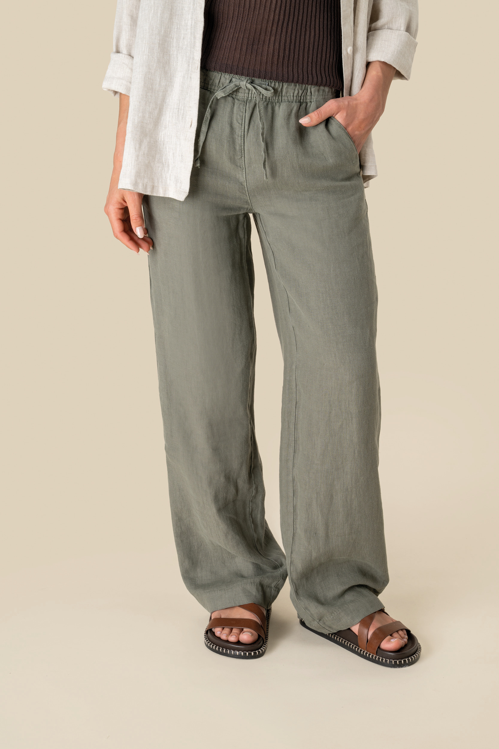 Pantalón efecto lavado de lino mujer